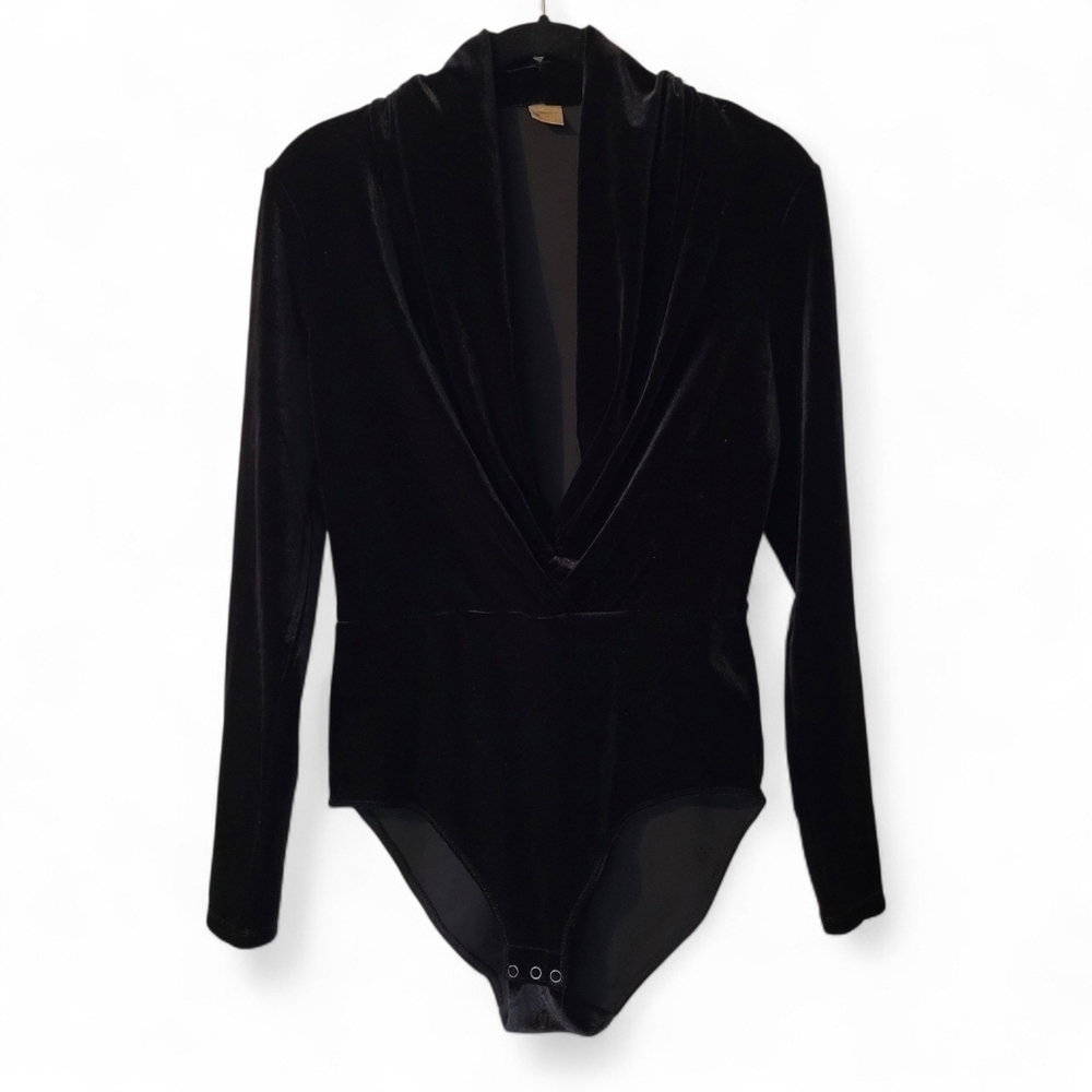 H&M Gold Label Black Velvet Velour Long Sleeve Deep Vneck Stretch Bodysuit Sz 10